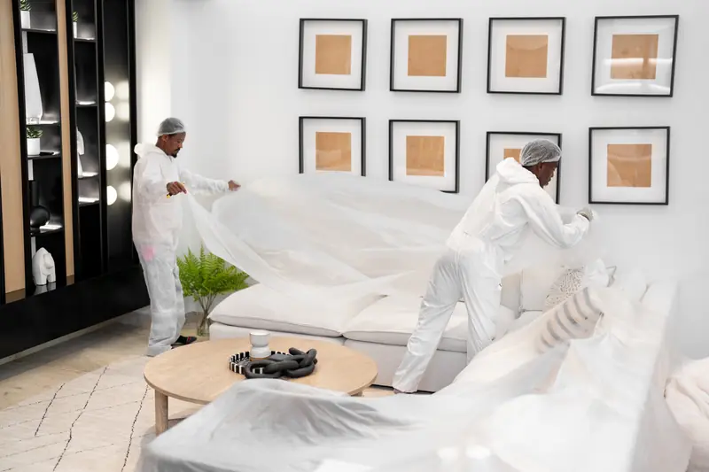 Endeavor technicians protecting furniture before a deep clean